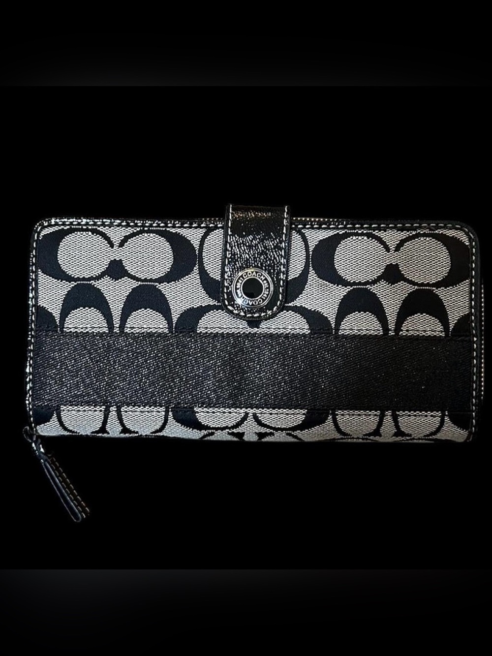 Coach Black and Ivory Signature Canvas Zip Wallet with Leather Trim